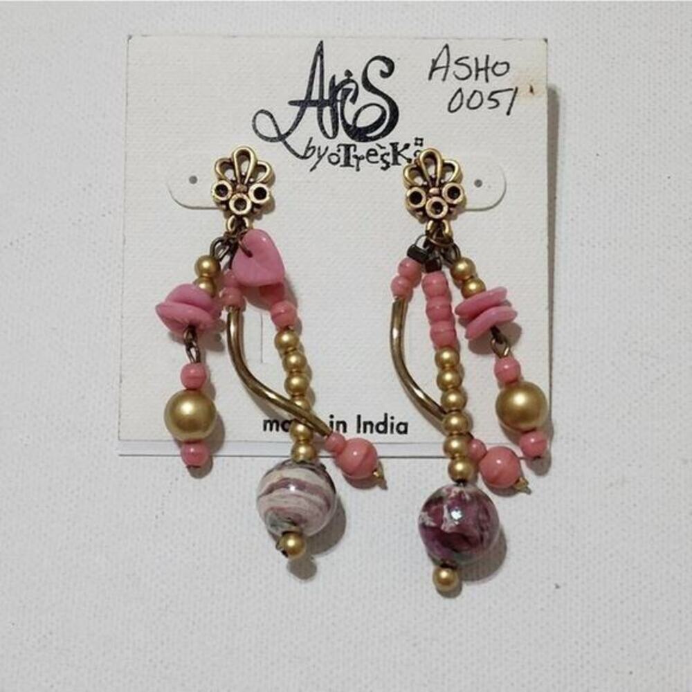 Aris by Treska ASHO 0051 Pink Gold Beaded Dangle Earrings Made in India Boho New